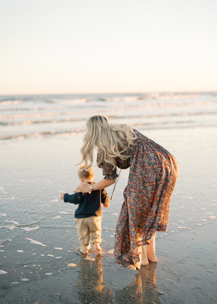 mom and son at beach in sullivans island